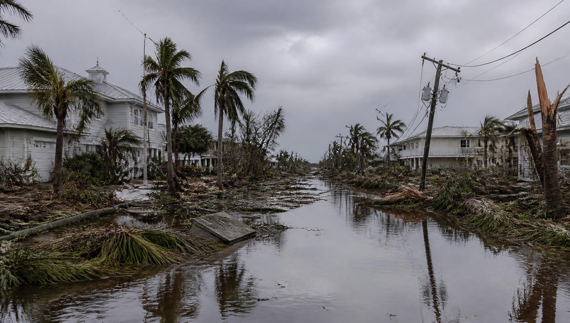 Hurricane Ian aftermath: flooded street, downed palm trees and power lines in a Florida coastal neighborhood
